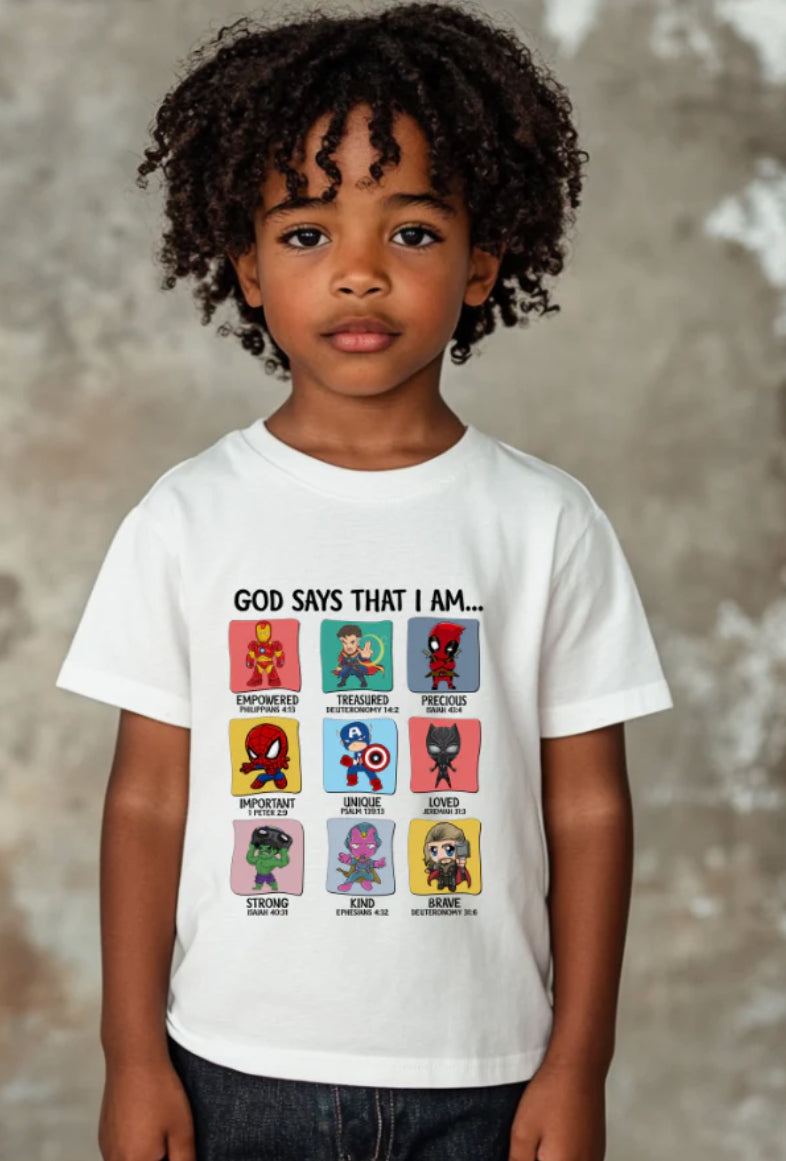 Live claim- God Says That I Am... Superhero-Themed Kids' T-Shirt