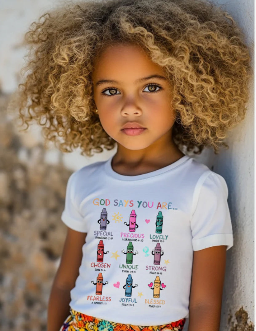 God Says You Are... Affirmation Crayon-Themed Kids' T-Shirt