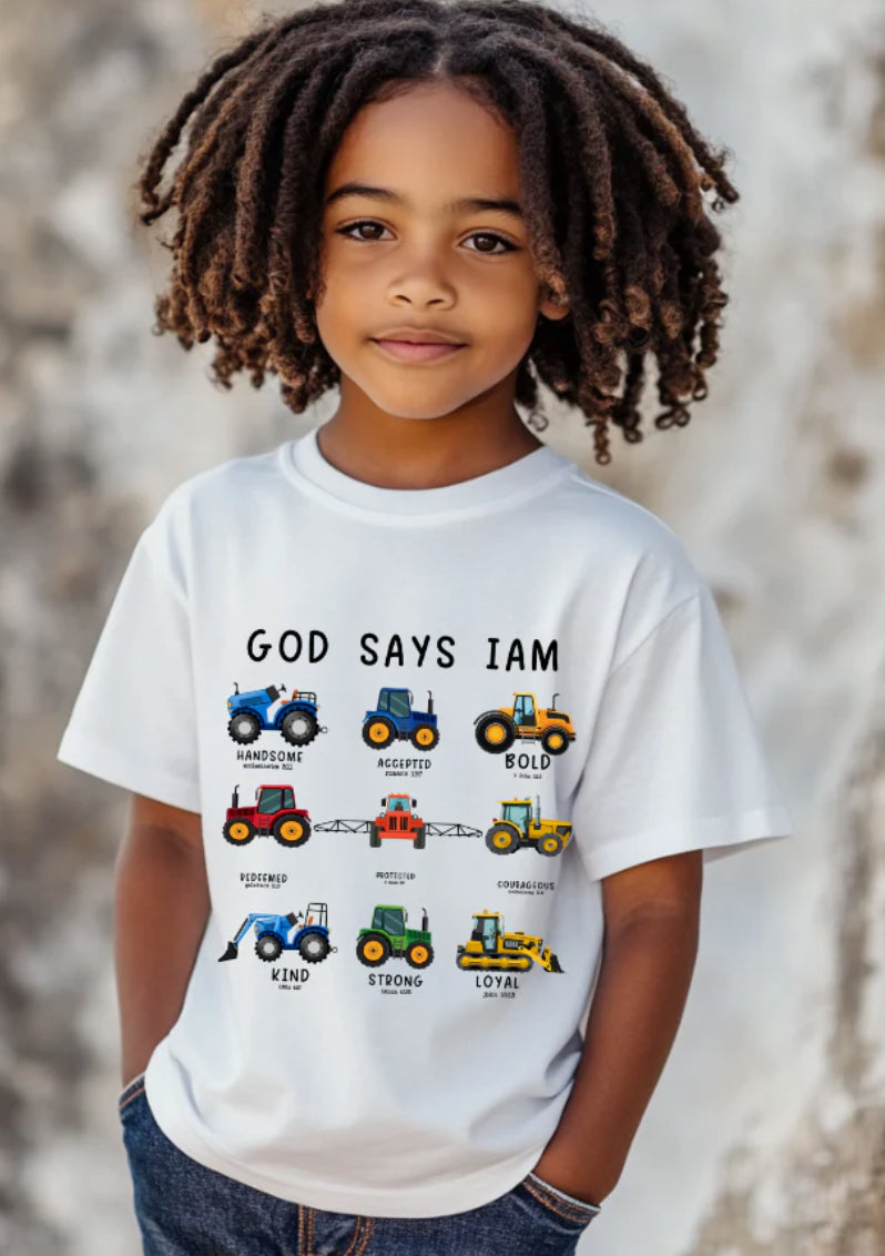 God Says I Am... Tractor-Themed Kids' Affirmation T-Shirt