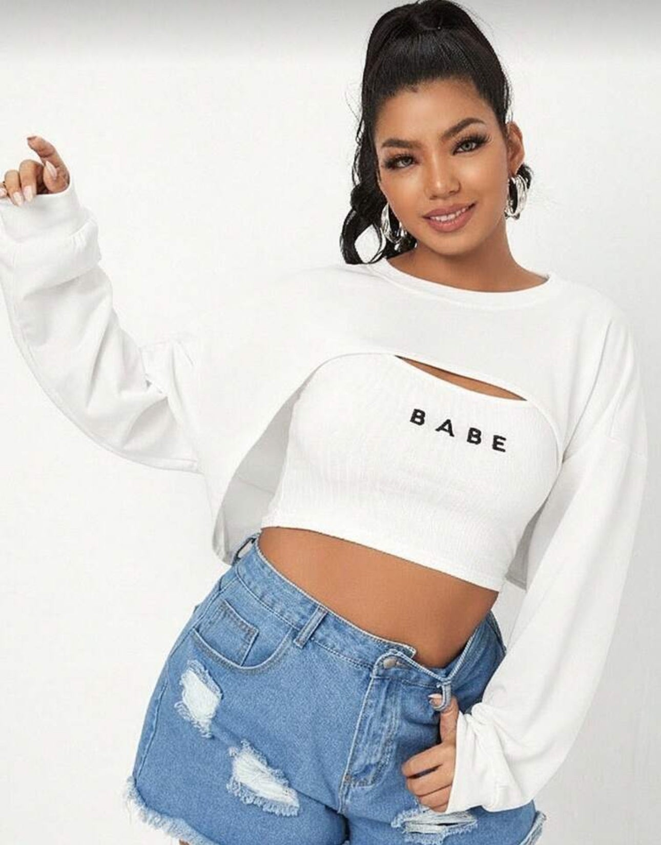Long sleeve cropped hoodie drawstring top