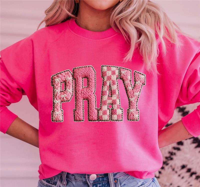 Pink PRAY Textured Lettering Sweatshirt