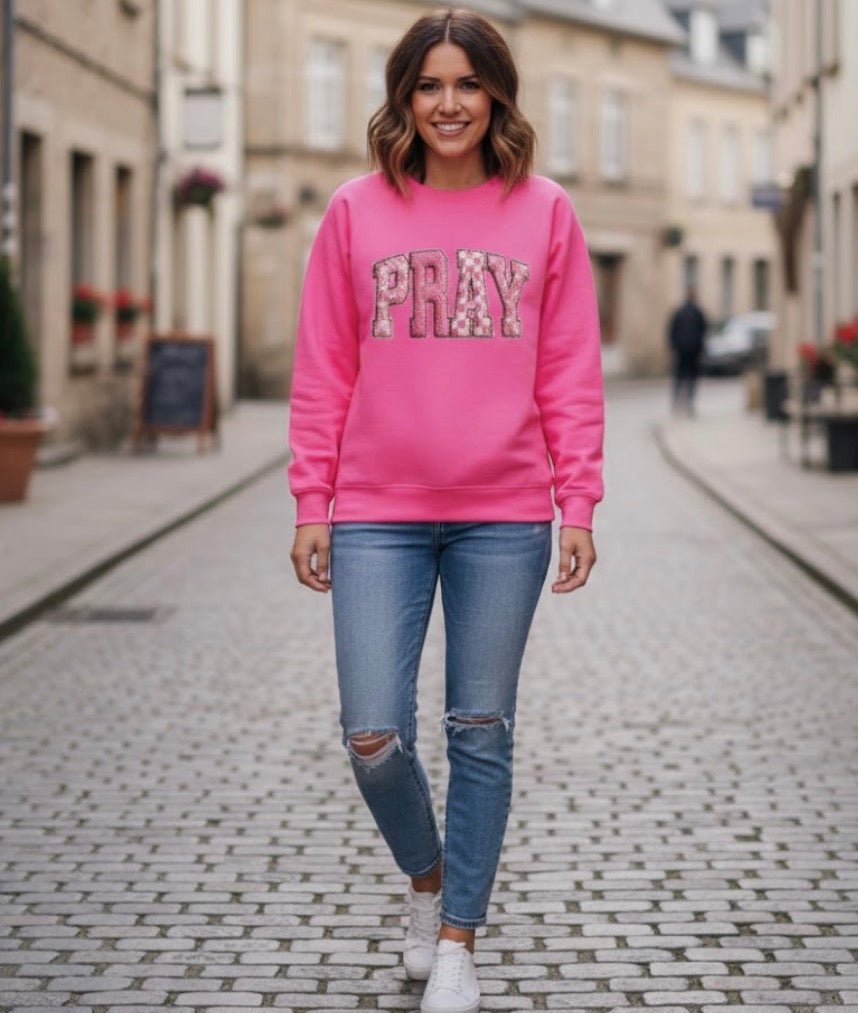 Pink PRAY Textured Lettering Sweatshirt